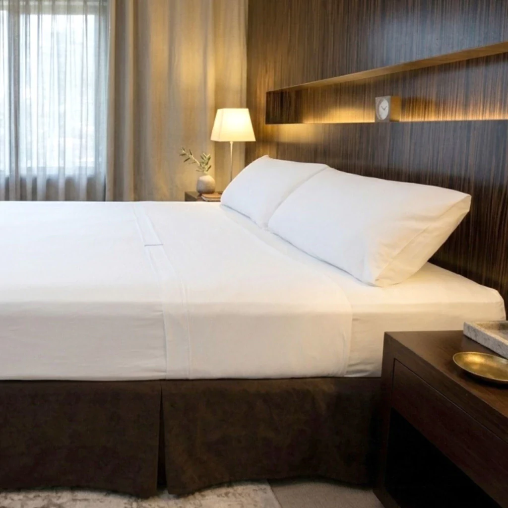 Habitación de hotel con cama tendida en blanco, respaldo de madera y lámpara encendida
